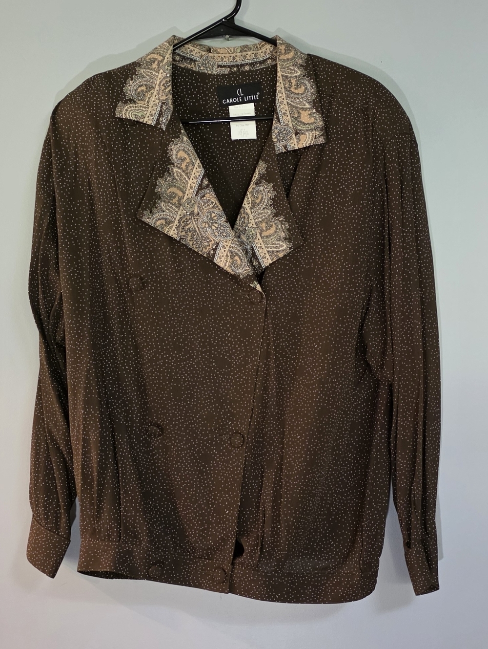 Carole Little Brown Polka Dot Blouse with Paisley Trim